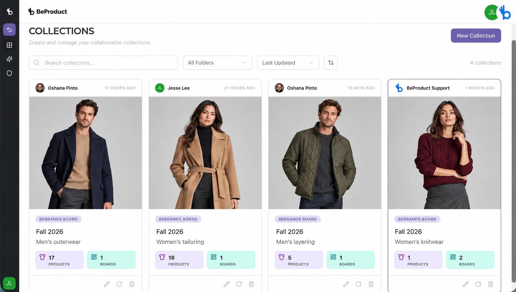 BeProduct Collections with four Fall 2026 collection cards: men’s outerwear, women’s tailoring, men’s layering, and women’s knitwear.