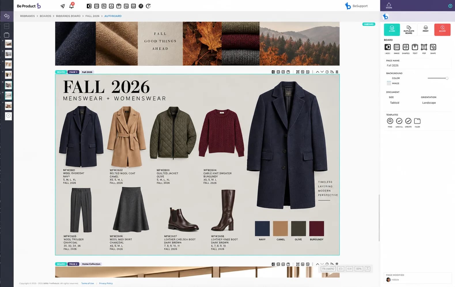 Fall 2026 product collection inside BeProduct, with menswear, womenswear, material inspiration, and seasonal color swatches.
