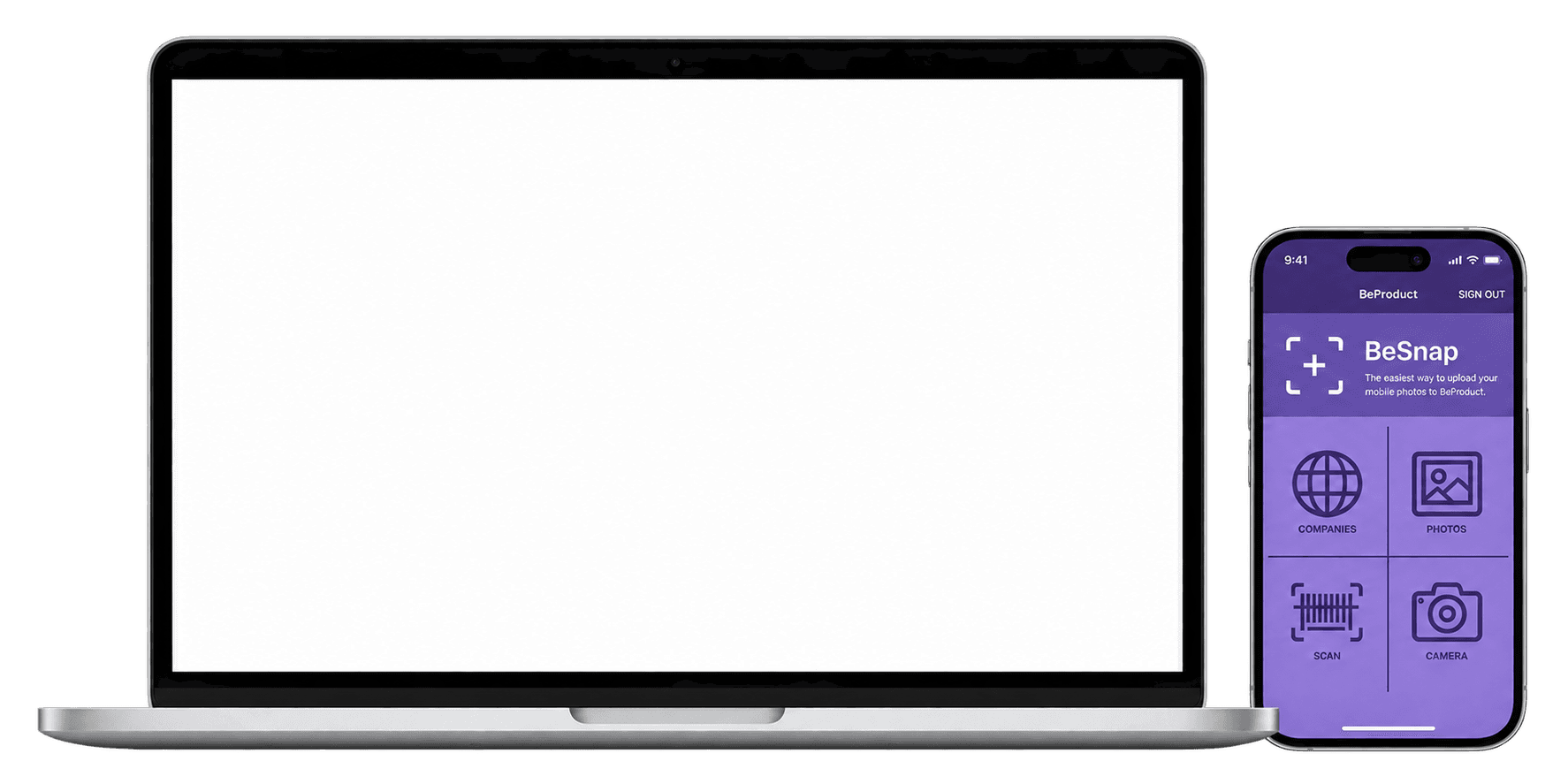 Front-facing silver MacBook beside a modern iPhone showing BeProduct BeSnap