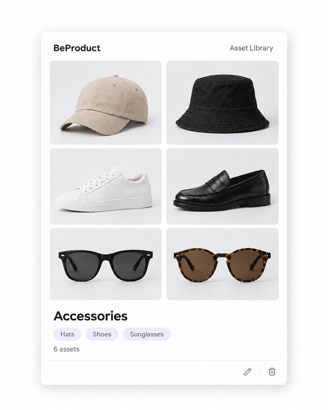 Accessories asset library featuring hats, shoes, and sunglasses